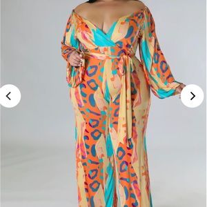 Fashion print v neck long sleeve belted jumpsuit
